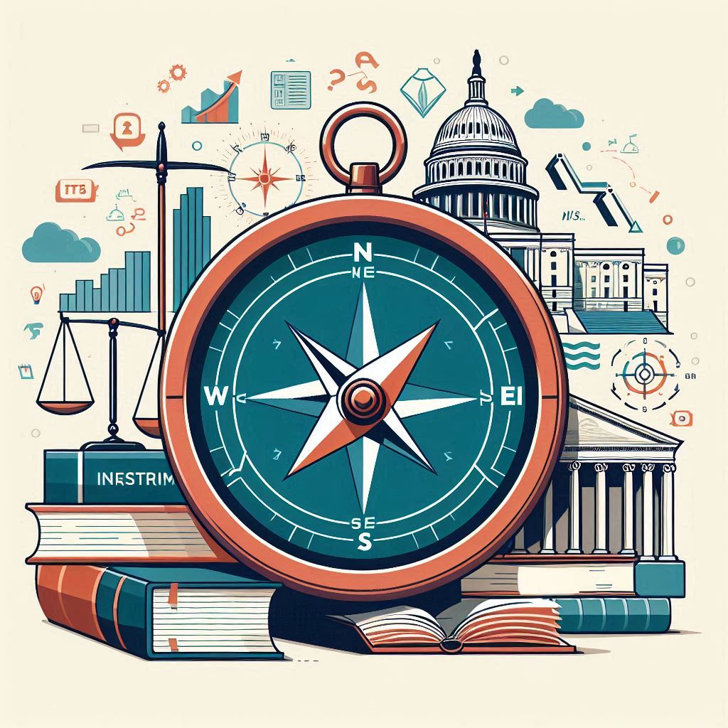 Image of a compilation of representatios of the services this consulting business provides, showing the U.S. Capitol, law books, a courthouse, a compass, scales of justice.